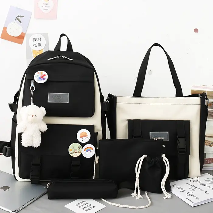 5 pièces ensemble sacs d'école pour adolescent sac à dos femme filles toile couleur unie femmes