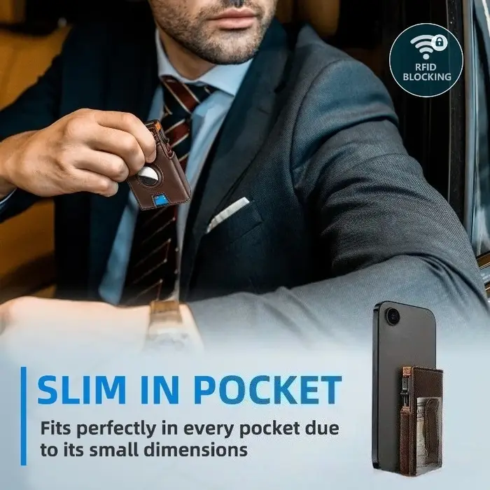 Sac en cuir brosse antivol bande magnétique emplacement de positionnement d'étiquette d'air portefeuille en métal Pop-up automatique adapté aux hommes et aux femmes