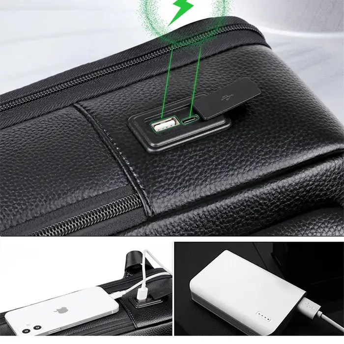 100% sac à dos en cuir véritable hommes 15.6 pouces sac à dos pour ordinateur portable USB Charge an