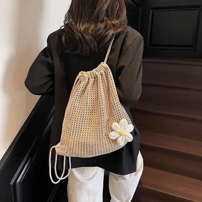 Sac à dos bohème tendance en crochet, couleur unie, idéal pour le shopping et les voyages