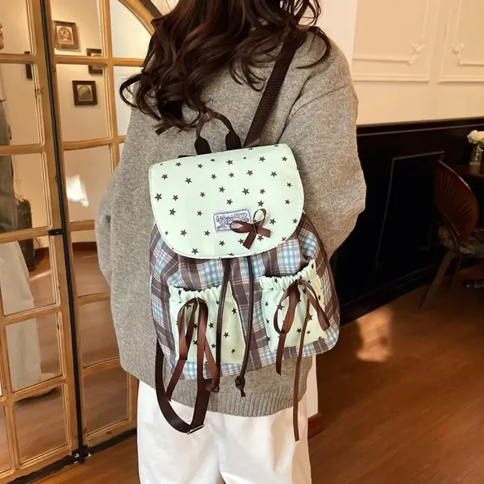 Sac à dos double épaule Sweet Bow, imprimé étoiles, couleur contrastée, sacs d'école pour étudiants, motif à carreaux, vintage, vert menthe, petit sac à dos pour filles