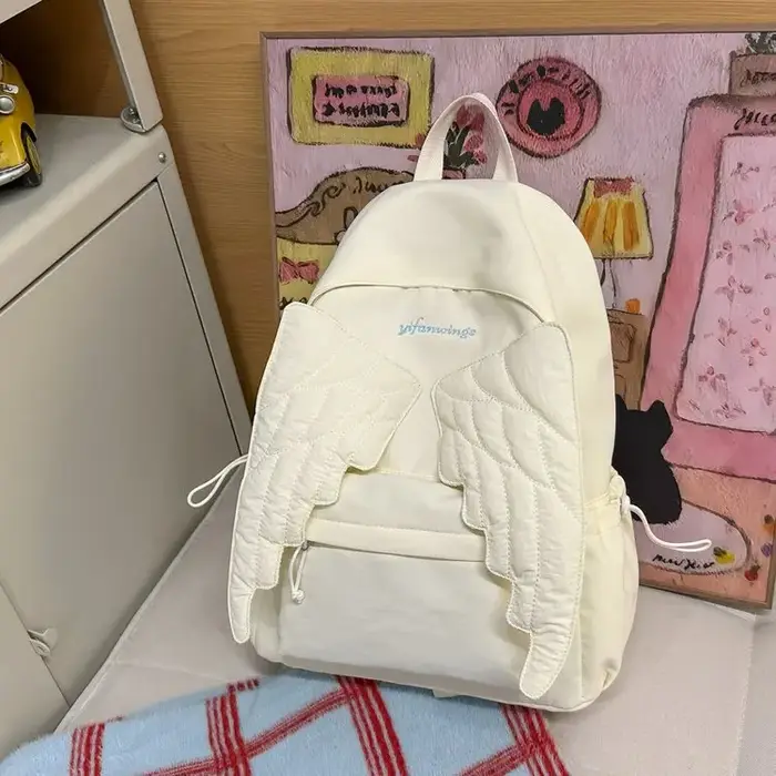 Sac à dos en nylon Sweet Wings pour femmes, grande capacité, léger, pour étudiantes, style girly, couleur unie, sac à bandoulière, sac à dos