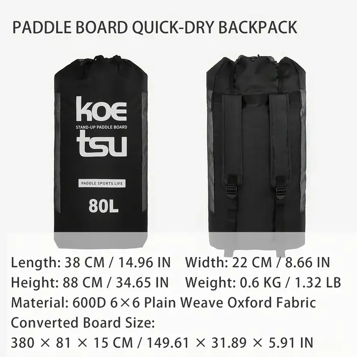 KOETSU SUP Sac à dos à séchage rapide Tissu Oxford renforcé noir pour planches à pagaie jusqu'à 3