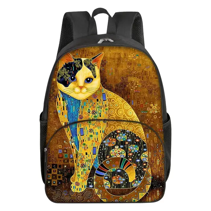 Sac à dos scolaire mignon pour garçons et filles, motif chat de dessin animé 2D, avec poche avant te