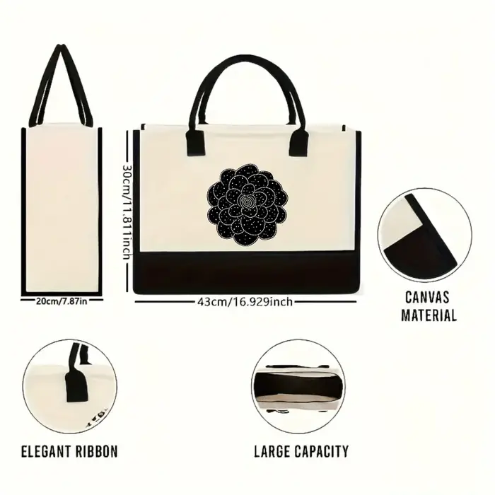 Sac fourre-tout en toile à motif floral crème et noir