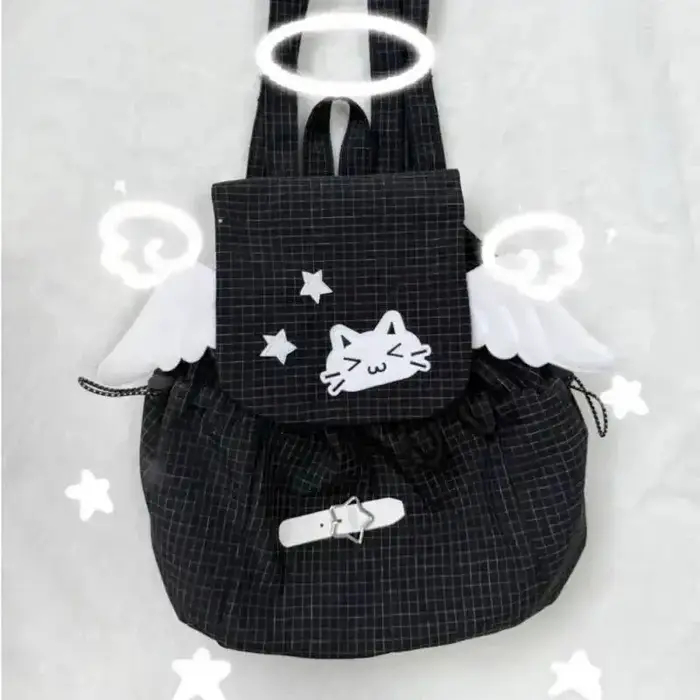 Sac à dos chat brodé noir blanc Style à carreaux léger mignon petites épaules polyvalent étudiant trajet Campus sac à dos