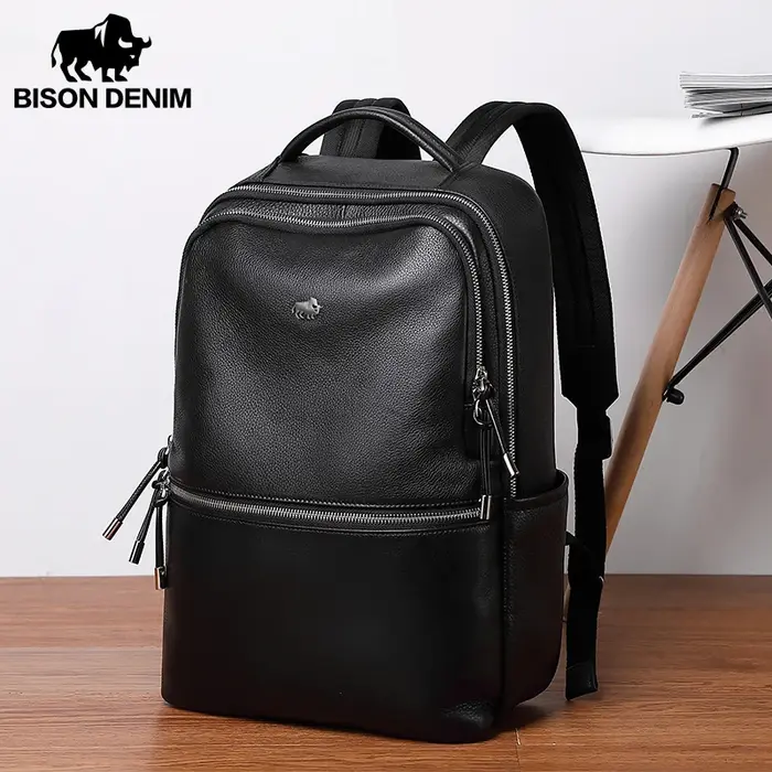 BISON DENIM nouveau cuir véritable hommes sac à dos ordinateur portable école sac à dos sac 2025 mode étanche sac de voyage sac de livre décontracté