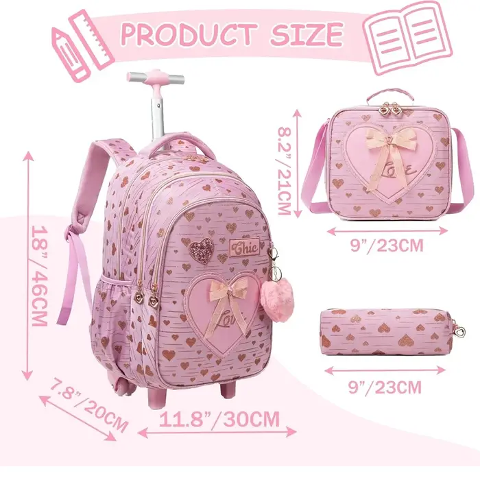 Sac à dos à roulettes avec ruban nœud papillon pour enfants
