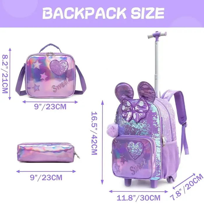 3 pièces mignon paillettes filles sac à dos roulant primaire enfant école sacs à dos fille avec roues retour à l'école