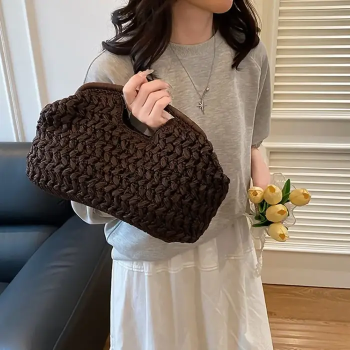 Sac de loisirs grande capacité en paille tressée demi-lune