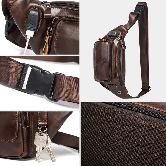 Sac de poitrine en cuir véritable pour homme