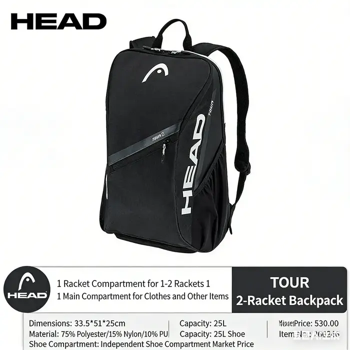 Sac de tennis HEAD original 25L, série Tour, sac à dos double épaule pour 2 raquettes avec compartim