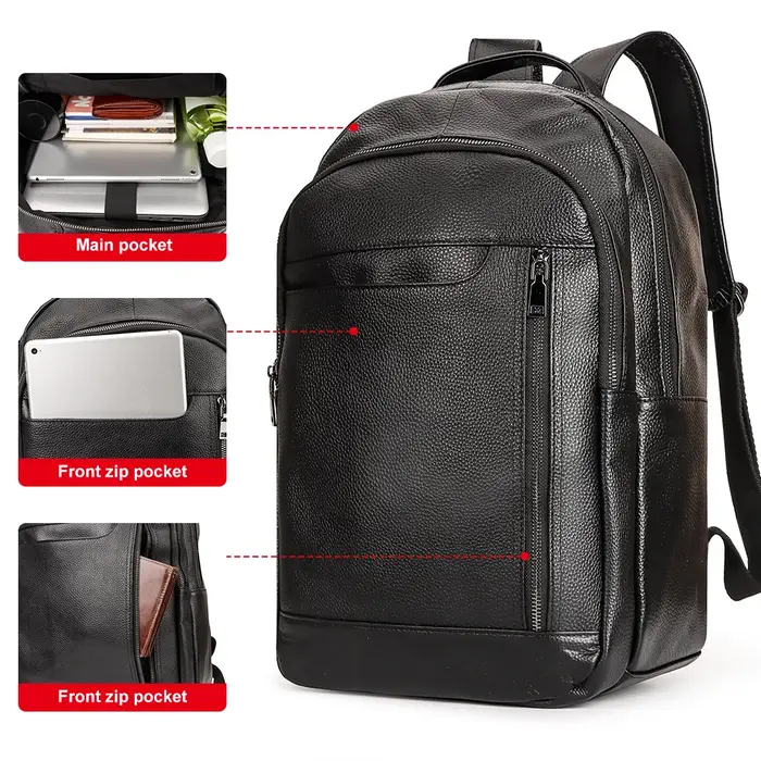 Sac à dos de voyage noir pour hommes, en cuir véritable, pour ordinateur portable, grande capacité,