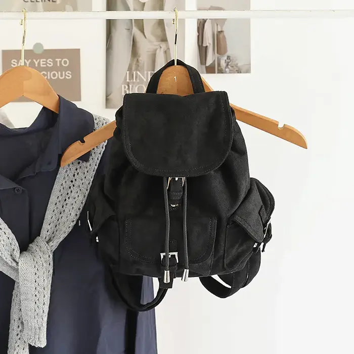 Sac à dos en daim noir pour femme, sac à bandoulière décontracté pour trajets quotidiens, sac de voy