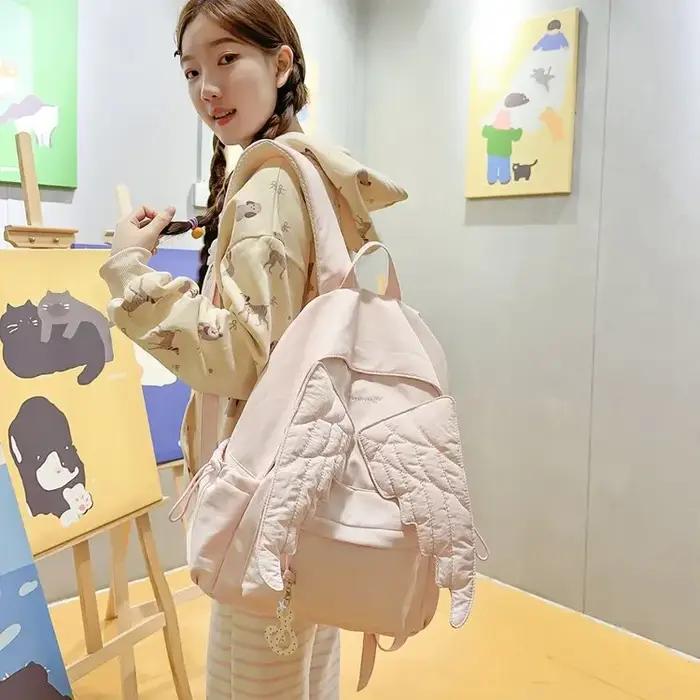 Sac à dos en nylon Sweet Wings pour femmes, grande capacité, léger, pour étudiantes, style girly, couleur unie, sac à bandoulière, sac à dos