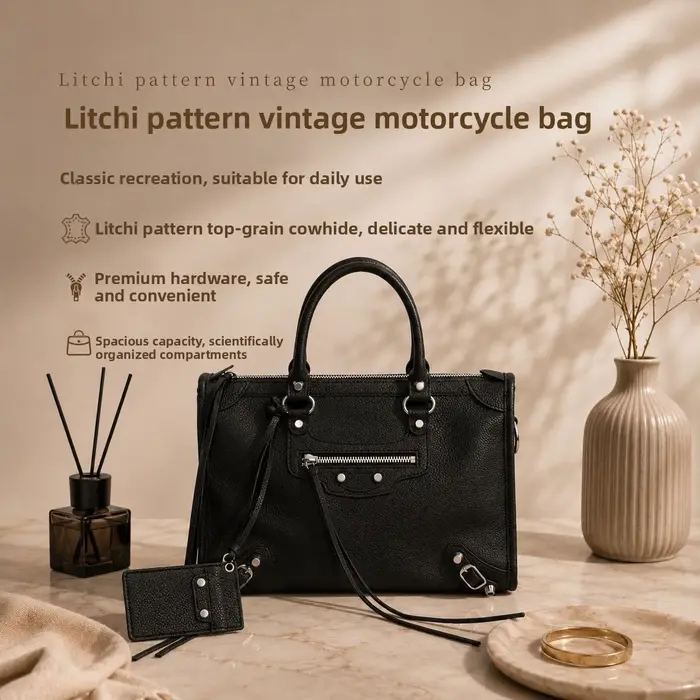 Le City 2026 Nouveau Sac de Voyage d'Affaires Vintage Motif Moto Sac à Main en Cuir de Vachette Pleine Fleur Grain Litchi avec Rivets Métalliques