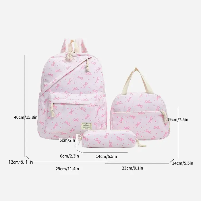 Ensemble de sacs à dos trois pièces en nylon léger à imprimé floral avec nœud, grande capacité, pour filles, idéal pour le campus et les étudiantes