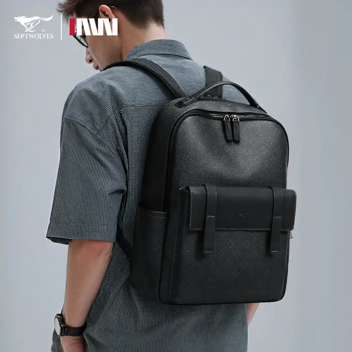 Septwolves sac à dos en cuir de luxe pour hommes monogramme imprimé élégant sac à dos pour ordinateu
