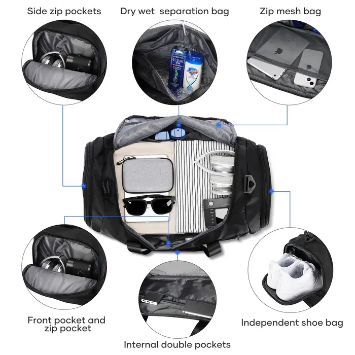 Sac de sport sac polochon de voyage avec poche humide et compartiment à chaussures pour hommes femme