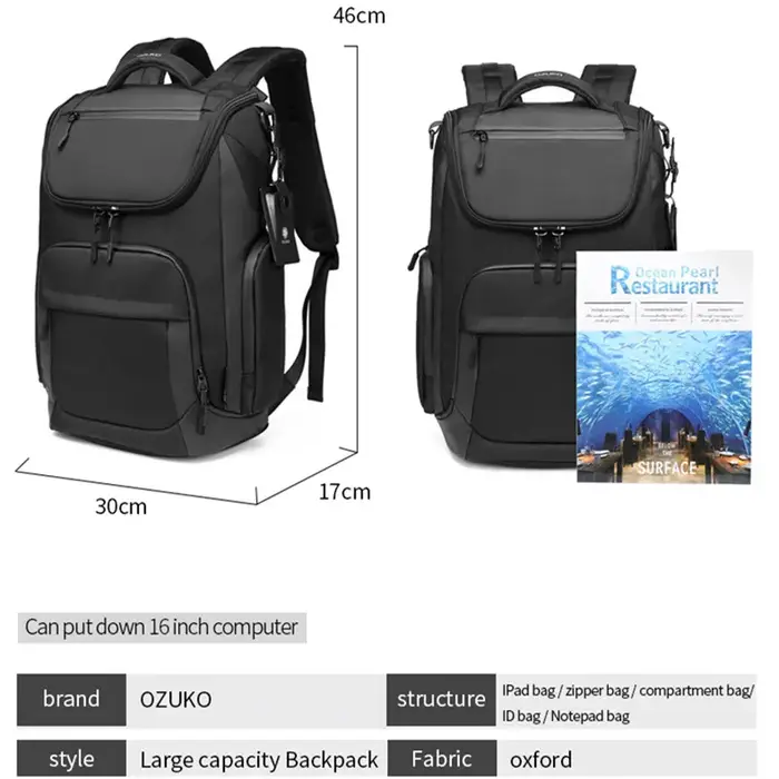 OZUKO 46x17x30 cabine Mochila grande capacité sacs à dos étanches 15.6 sac à dos pour ordinateur portable voyage affaires homme sac USB mode