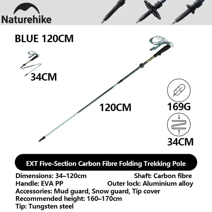 Naturehike – canne de Trekking pliante en Fiber de carbone, Trail léger 5-EXT, cinq sections, stocka