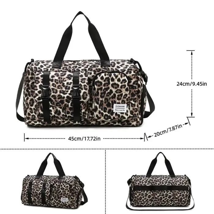 Sac de sport tendance à imprimé léopard avec compartiment à chaussures indépendant