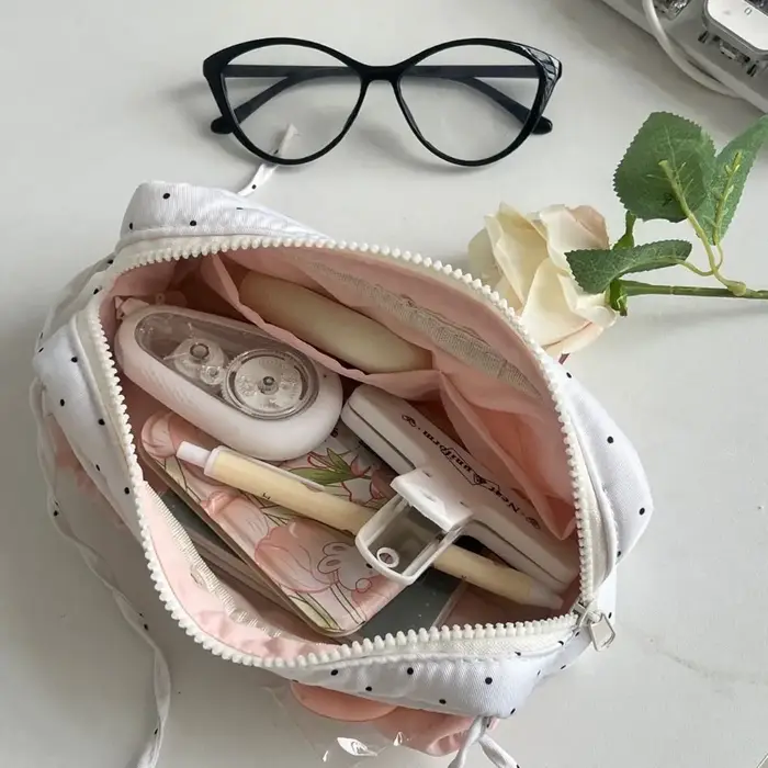 Sac à stylos à motif de pois Simple, grande capacité, trousse à crayons avec nœud papillon, sac de papeterie multifonctionnel, cadeau