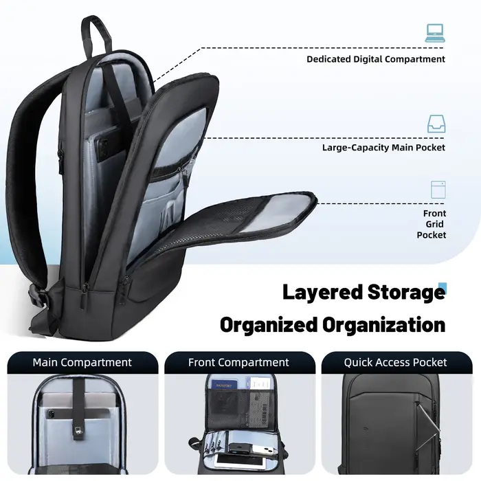 Sac à dos léger pour hommes d'affaires HK Slim, sac à dos pour ordinateur portable 15,6 pouces avec