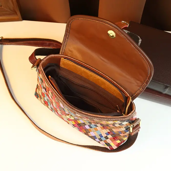 Sac bandoulière bohème en cuir véritable tissé à la main pour femme, style ethnique, sac à bandouliè