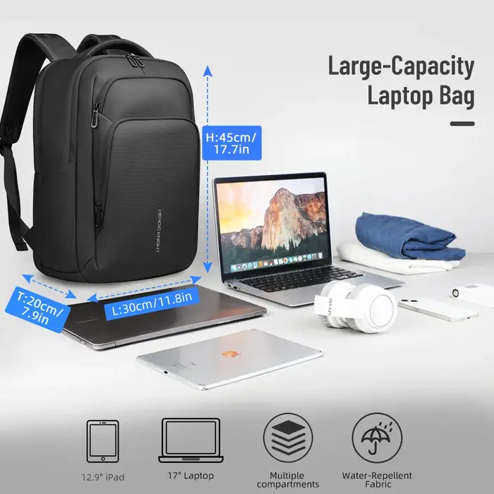 HK sac à dos d'affaires multifonctionnel hommes sac à dos de voyage de grande capacité étanche 17.3 "sac pour ordinateur portable avec USB sac à dos de travail de bureau