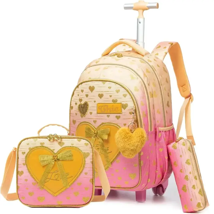 Sac à dos à roulettes avec ruban nœud papillon pour enfants, sacs à dos mignons pour filles, sac à r