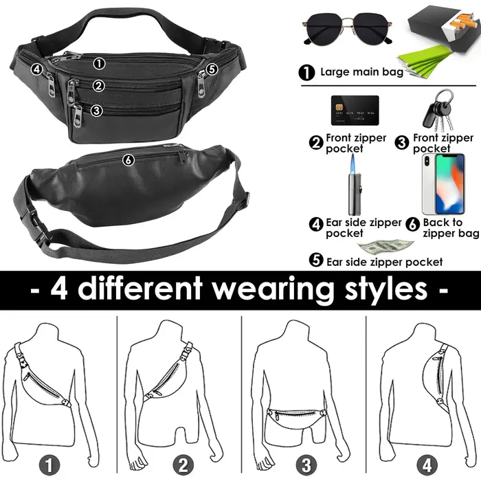 Fanny Packs Sac de taille tendance avec 7 poches zippées Sac banane de hanche décontracté réglable pour les voyages Shopping Randonnée Cyclisme
