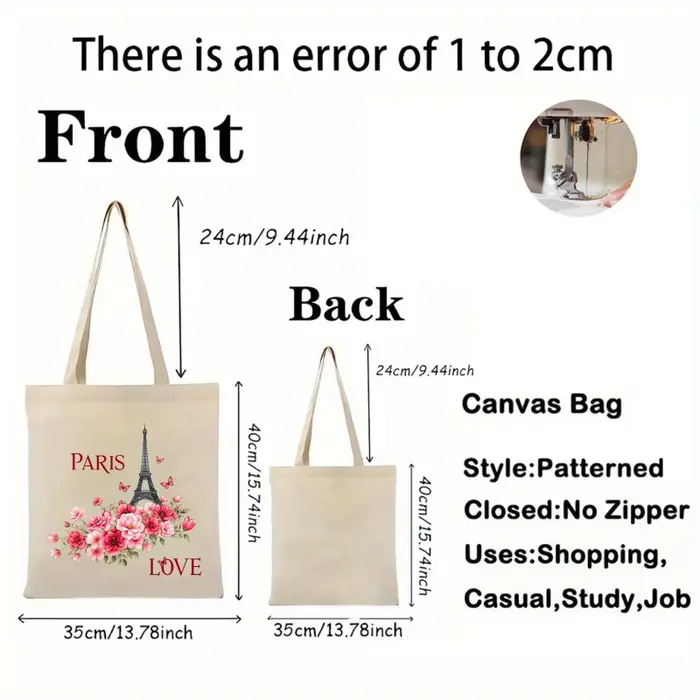 Sac fourre-tout en toile crème Paris Tour Eiffel imprimé amour floral