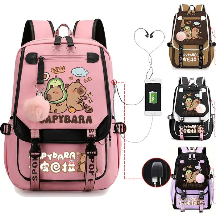 Capybara sac à dos pour femmes filles grande capacité USB sacs de charge enfants adolescent école sac à dos mignon