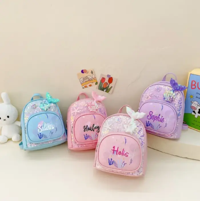 Sac à dos personnalisé à paillettes sirène avec nom brodé