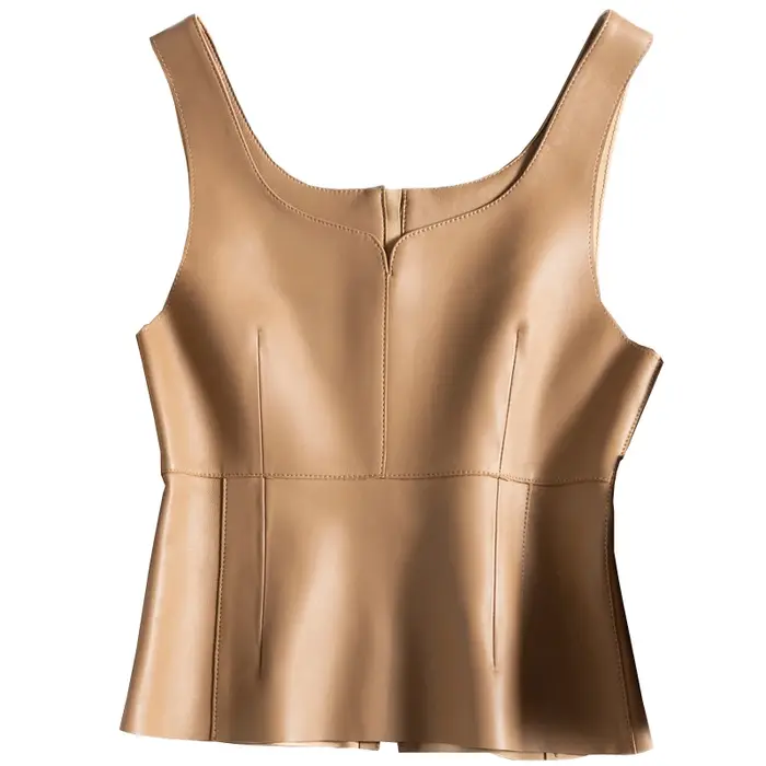 Haut amincissant en cuir naturel pour femme, glaçure en peau d'agneau, ligne de couture vintage, fer