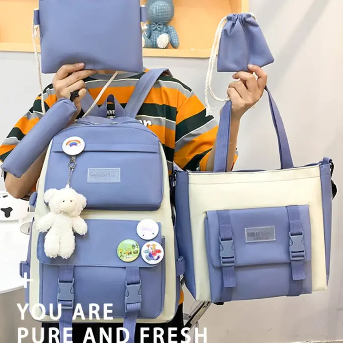 5 pièces ensemble sacs d'école pour adolescent sac à dos femme filles toile couleur unie femmes