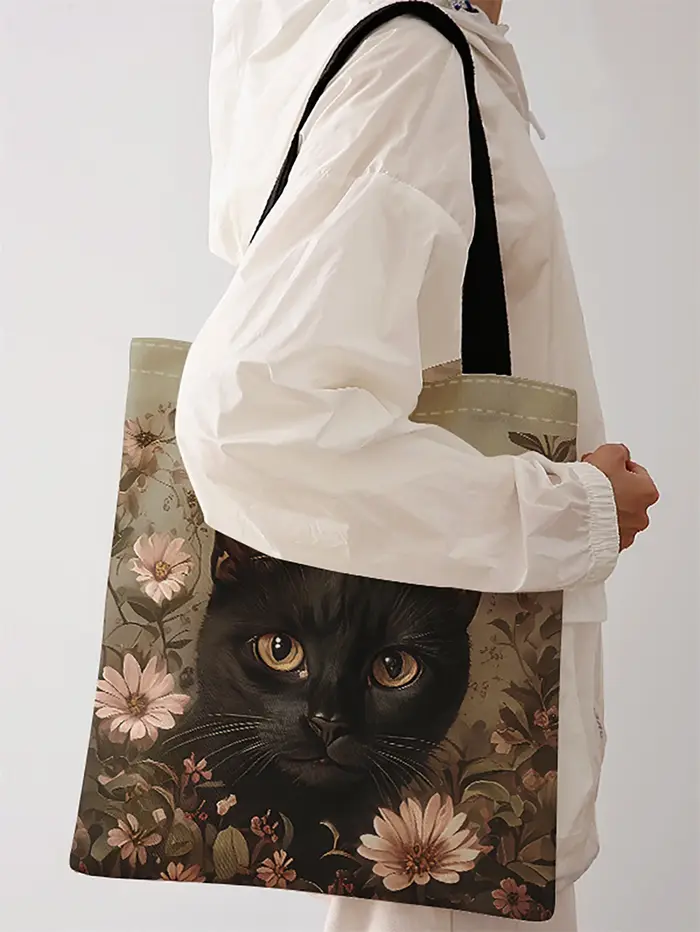 Sac à main décontracté imprimé motif chat noir, sac à dos réutilisable à la mode, sac à main multifonctionnel, sac de shopping en toile