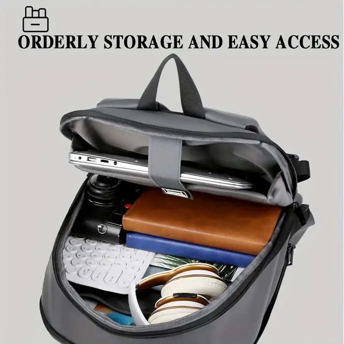 Un sac à dos d'affaires uni pour hommes avec une sangle de bagage pour les déplacements domicile-travail.