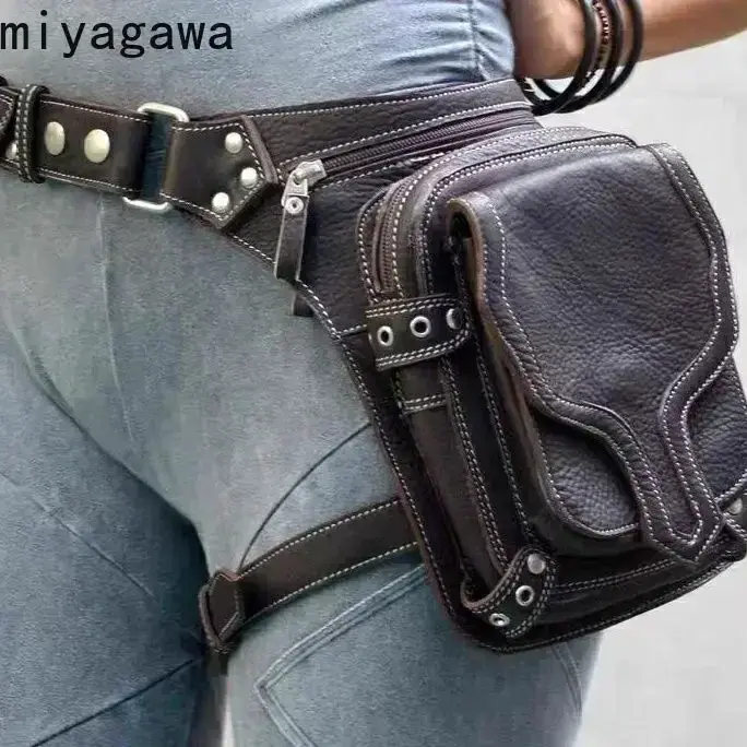Miyagawa Style rétro PU Punk taille jambe sac moto sacs à bandoulière hommes femmes en plein air Rivet Faux cuir Packs