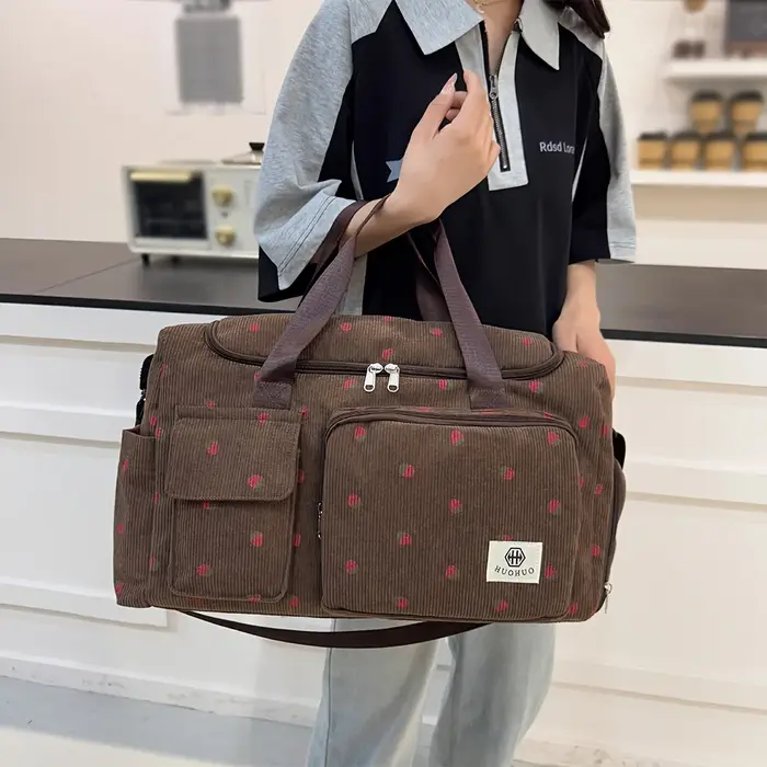 Sac de voyage fraise, sac à bagages en velours côtelé de grande capacité