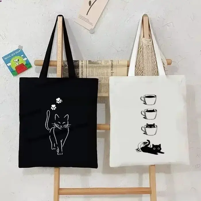 Sac fourre-tout en toile imprimé chat noir et blanc