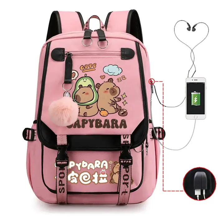 Capybara sac à dos pour femmes filles grande capacité USB sacs de charge enfants adolescent école sac à dos mignon