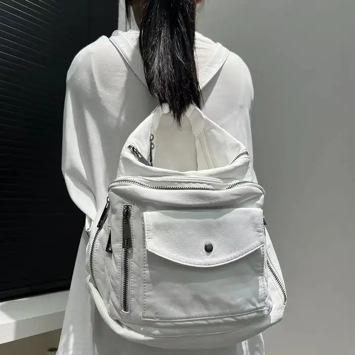 Sac à dos rétro multi-poches pour femme, sac à bandoulière délavé, initié à la moto, grande capacité