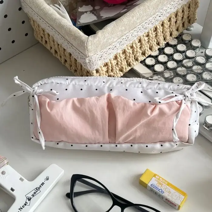 Sac à stylos à motif de pois Simple, grande capacité, trousse à crayons avec nœud papillon, sac de papeterie multifonctionnel, cadeau