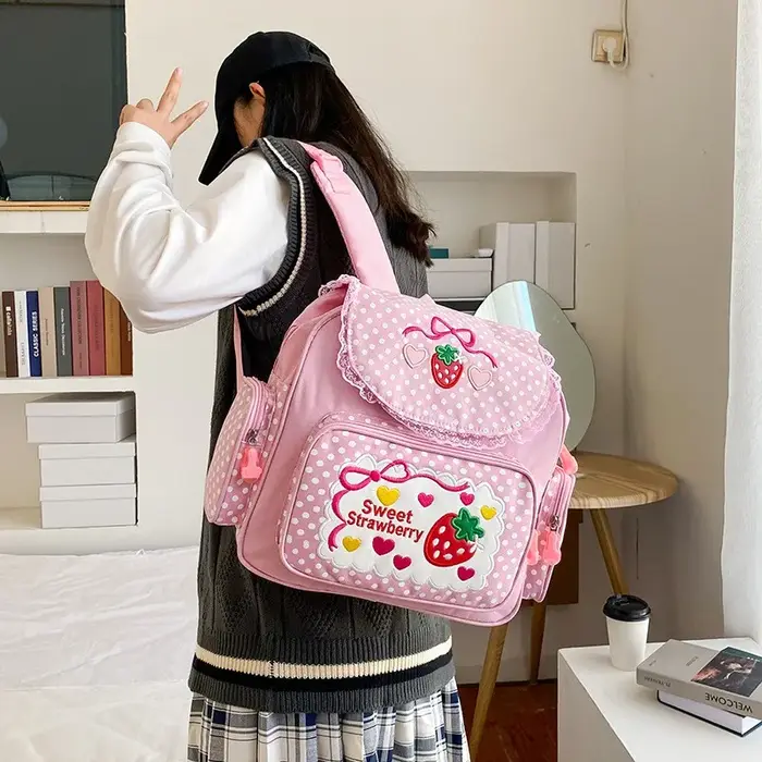 Sac d'école rose brodé de fraises pour filles