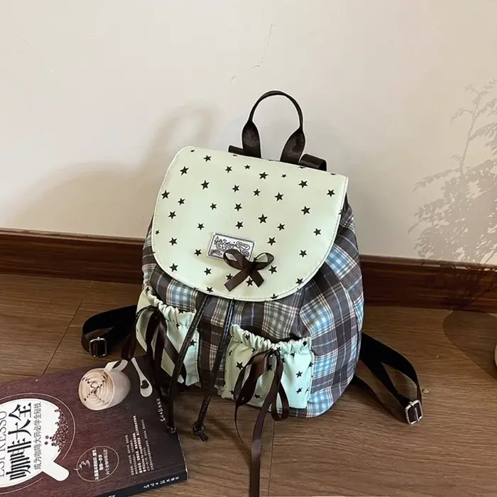 Sac à dos double épaule Sweet Bow, imprimé étoiles, couleur contrastée, sacs d'école pour étudiants, motif à carreaux, vintage, vert menthe, petit sac à dos pour filles