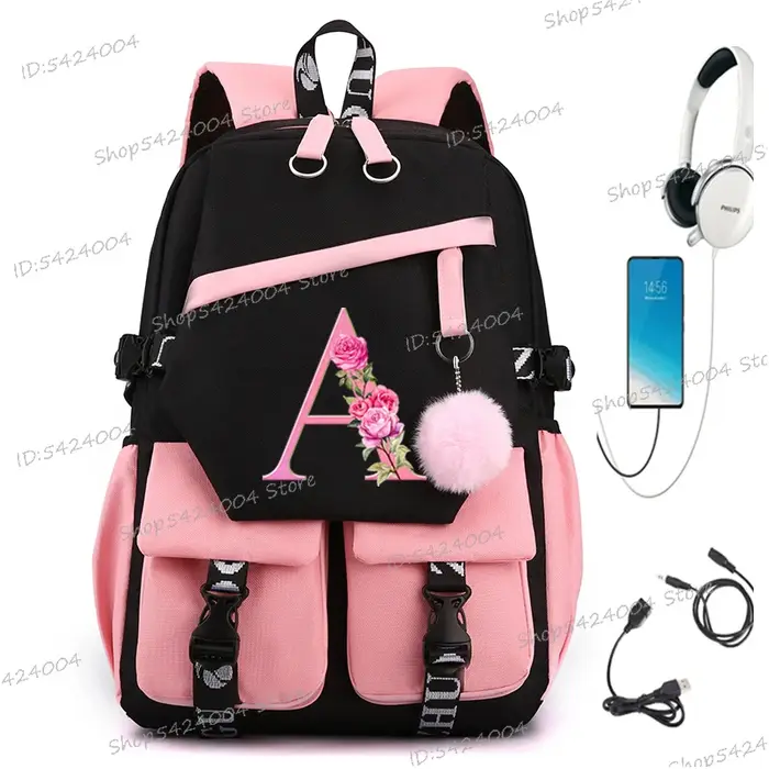 Sacs d'école à fleurs pour adolescentes, sac à dos de voyage, 26 initiales, fleur rose, alphabet, ca