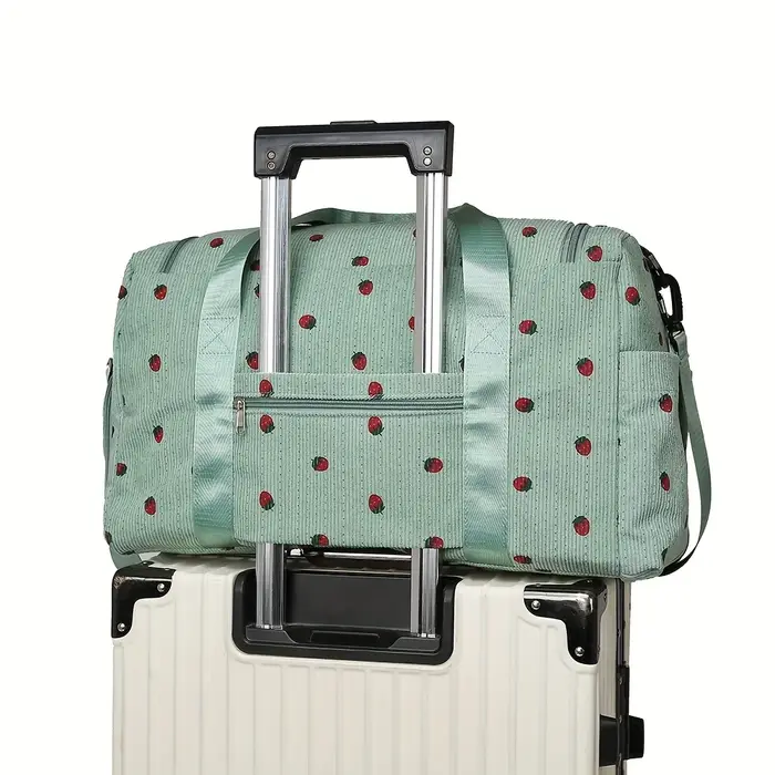 Sac de voyage fraise, sac à bagages en velours côtelé de grande capacité