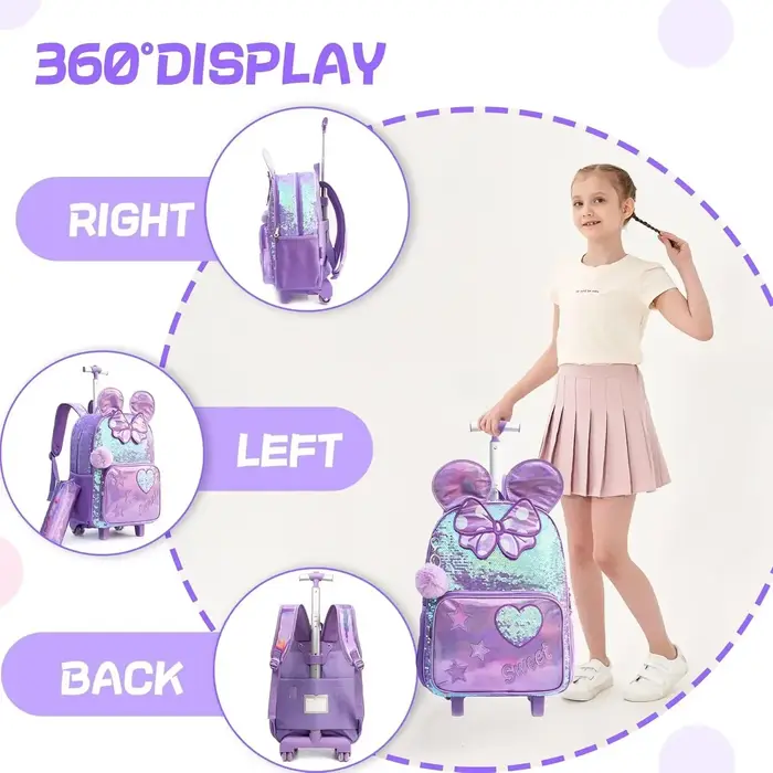 3 pièces mignon paillettes filles sac à dos roulant primaire enfant école sacs à dos fille avec roues retour à l'école